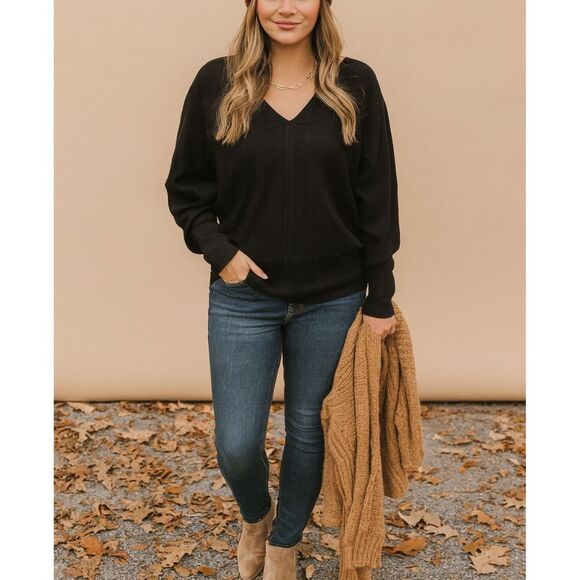 VILA Womens Black Wool Long Sleeve VNeck Puff Sleeve Pullover Sweater sz L - Picture 1 of 5